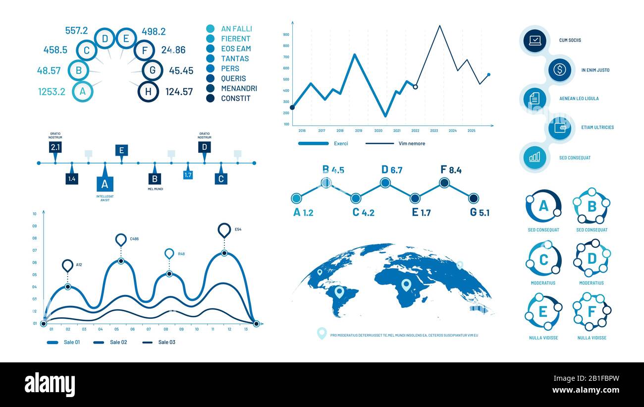 Diagramme mit Infografiken. Histogramm-Datengrafiken, grafische Zeitachse mit Blasen und Vektorgrafiken im Diagramm Stock Vektor