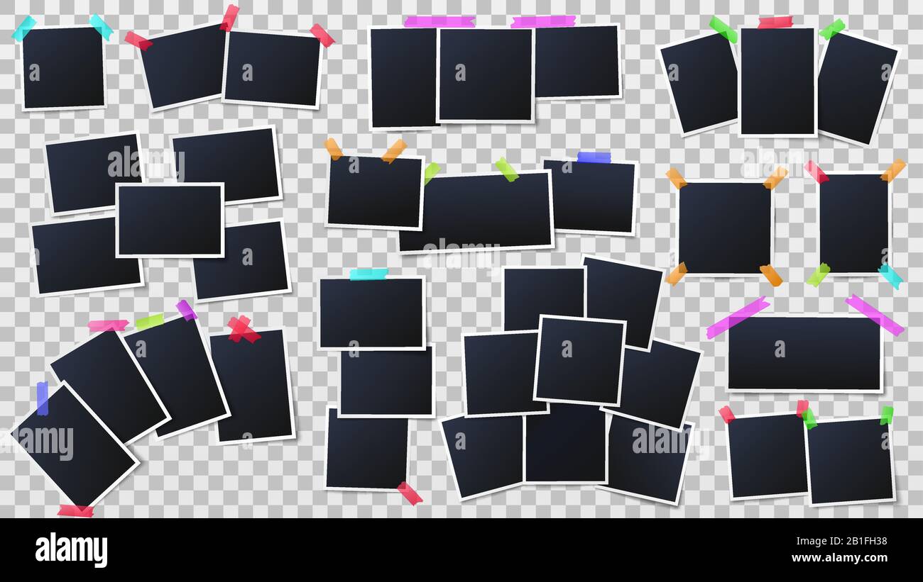 Fotos auf Farbklebebändern. Schnappschüsse Rahmen, sofortige Foto-Mockup und Partyfoto-Wandvorlagen Vektorgrafiken Stock Vektor