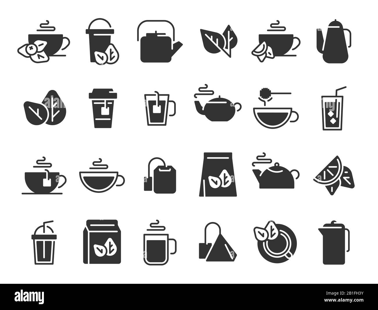 Schwarzer Tee hinterlässt Ikonen. Heißgetränke, kalter Eistee und Teekanne mit Dampfpiktogramm-Symbol-Vektorsatz Stock Vektor