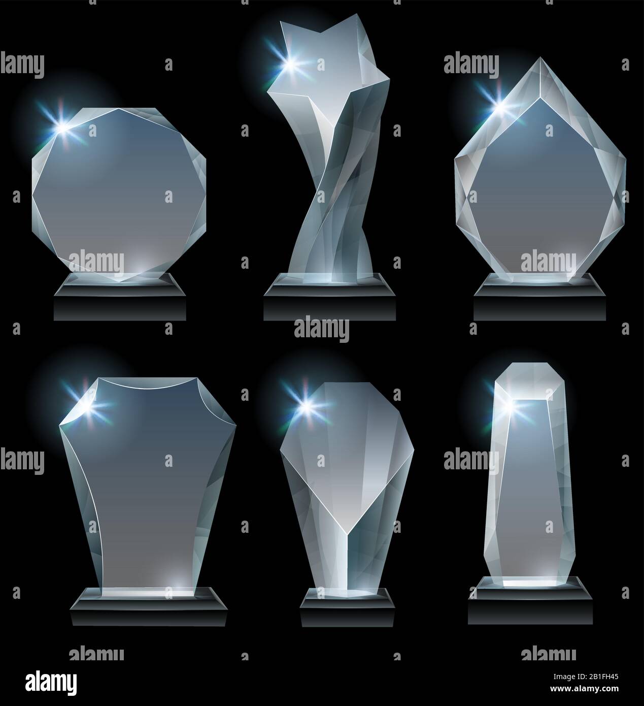 Transparente Trophäenauszeichnungen. Glass Award auf dem Stand, Acryl vergibt Trophäen und klaren Gewinner kristallrealistischer Vektorgrafik Stock Vektor