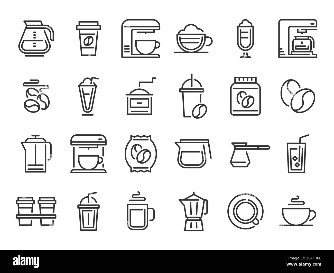 Symbole für die Kaffeezeile. Heißgetränk Tasse, Natur Kaffeebohnen und Café Rahmen Piktogramm Vektor Set Stock Vektor