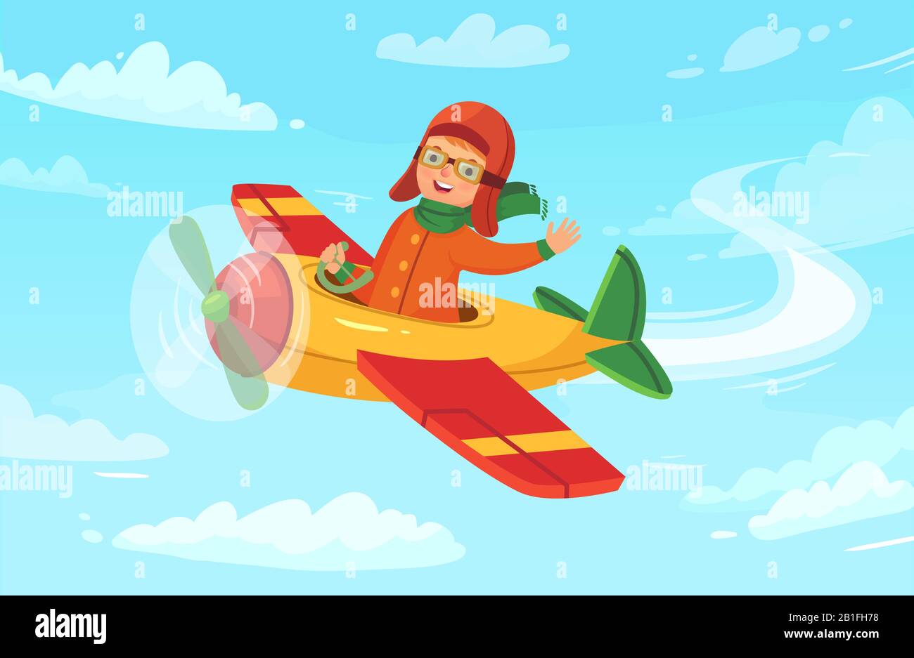 Cartoon Kid Pilot. Flieger für Kinder, der im Flugzeug fliegt, der kleine Junge avia Reise und Flugzeugflug in Himmelskavektorillustration Stock Vektor