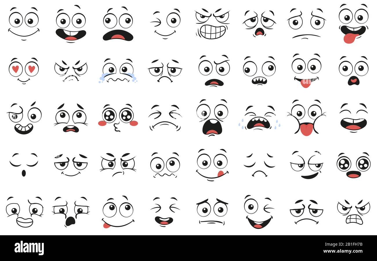 Cartoon Gesichter. Ausdrucksstarke Augen und Mund, lächelnd, weinend und überraschte Gesichtsausdrücke Vektor Illustration Set Stock Vektor
