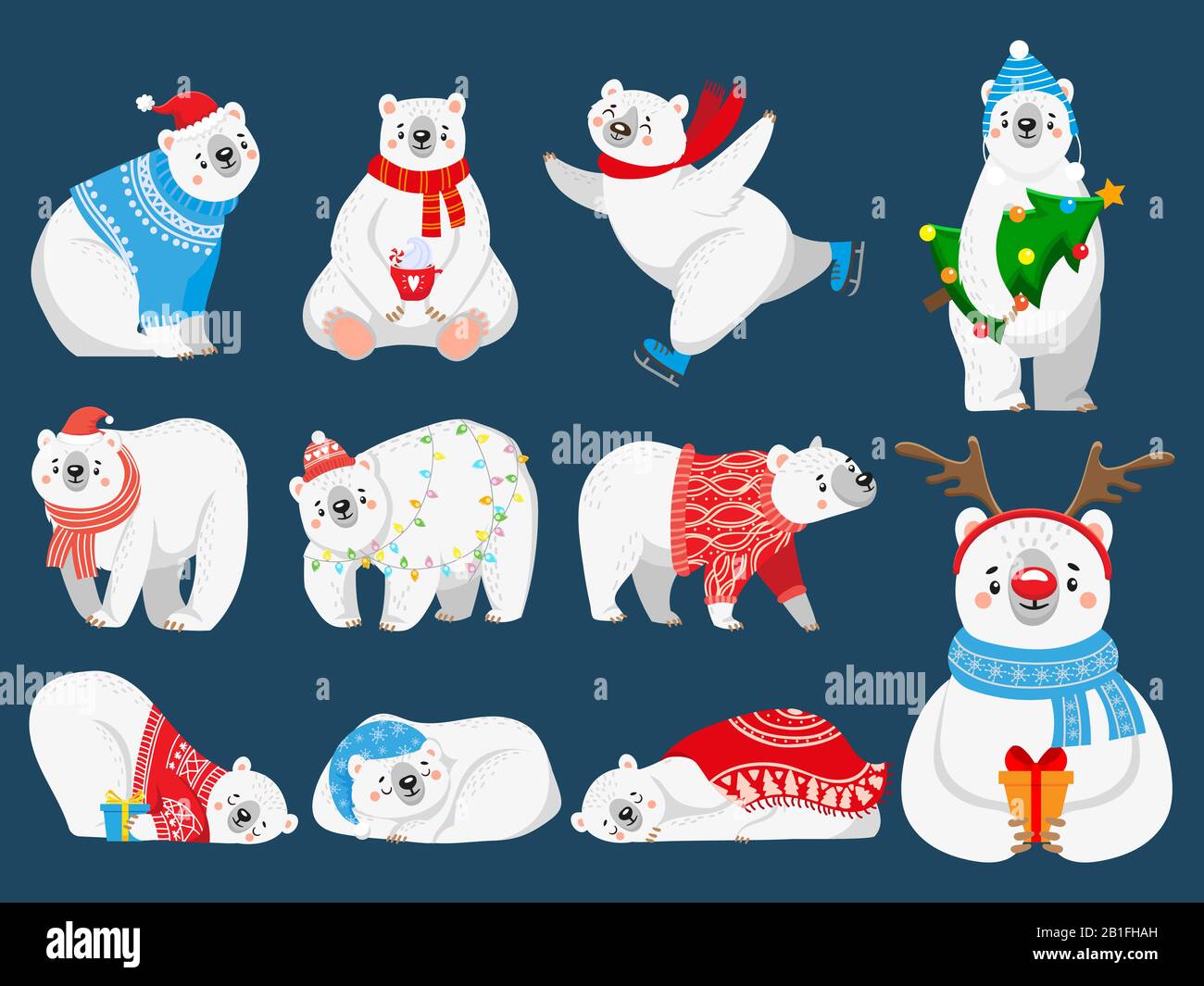 Weihnachts-Eisbären. Arctic Bear mit Neujahrsgeschenken, Happy Snow Animal in Merry Christmas Pullover Cartoon Vector Illustration Set Stock Vektor