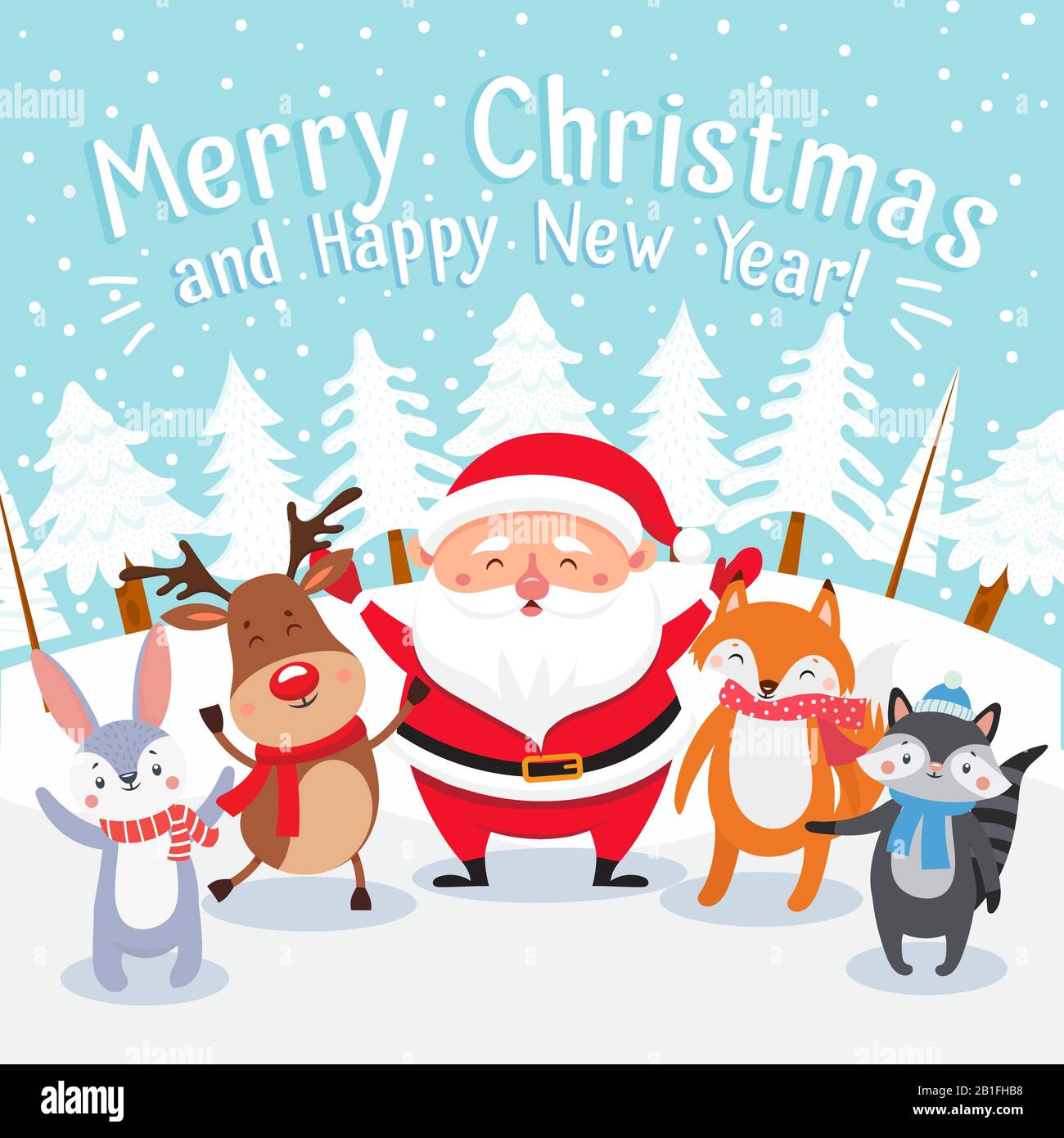 Frohe Weihnachts-Zeichentrick-Grußkarte. Fröhliche Weihnachtstiere, Weihnachtsmann Geschenk Geschenke und Winterurlaub zeigt Vektorgrafiken Stock Vektor