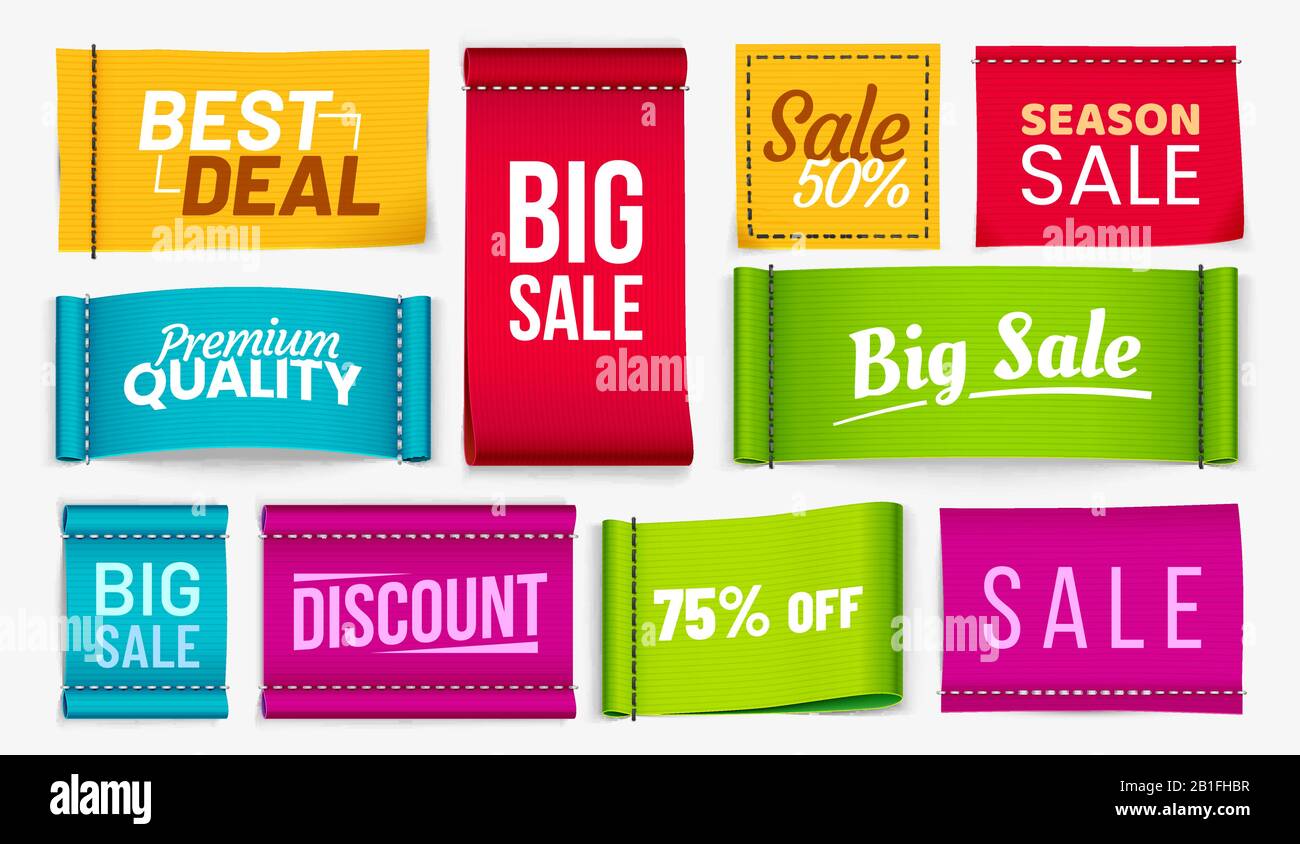 Verkauf von Kleidungsetiketten. Discount Fabric Tag, Best Deal Coupons Stoffe Label und Saison Verkauf Textil Tags realistischen Vektor Set Stock Vektor