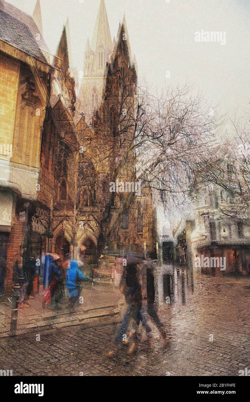 Truo Cornwall, Street Photography, Street Photography Concept Art, Wet and Windy Day in Truo Cornwall, kornische Stadt mit Truro Cathedral Stockfoto