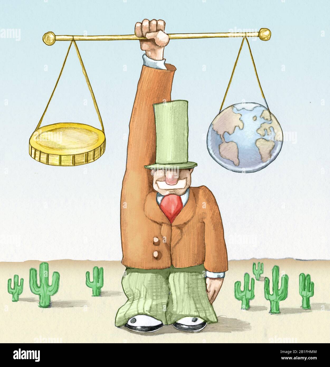 Banker hält ein Gleichgewicht eine Skala ist eine Münze, die andere ist die Welt, in der die Wüste ihn mit der Anschuldigung der Macht umgibt, die Geld über die Welt hat Stockfoto