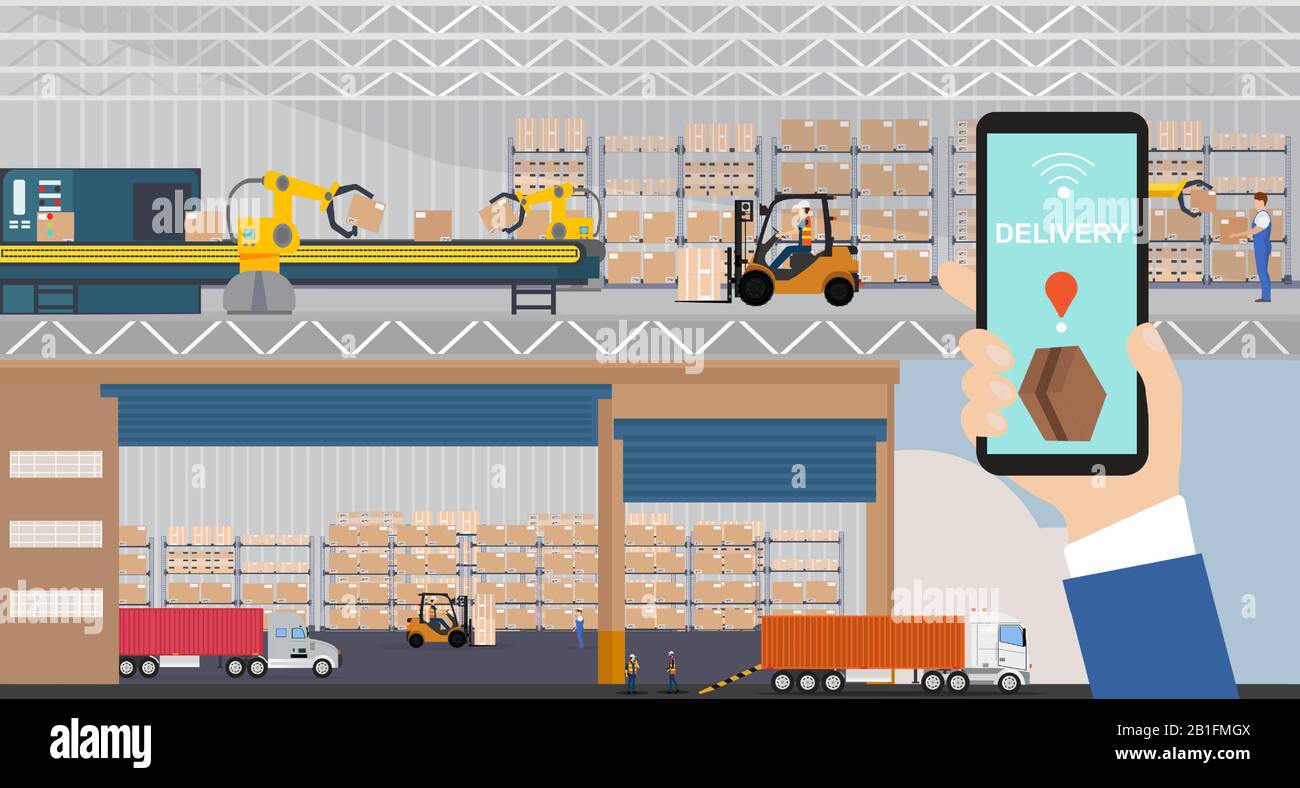 Vektor eines Lagers und einer automatisierten Laderampe, die per App auf einem Smartphone verwaltet werden Stock Vektor