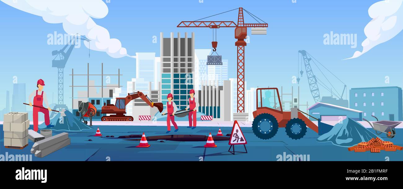 Vektor einer Baustelle mit Arbeitern, die einen neuen Wohn- oder Bürohochhaus bauen. Stock Vektor