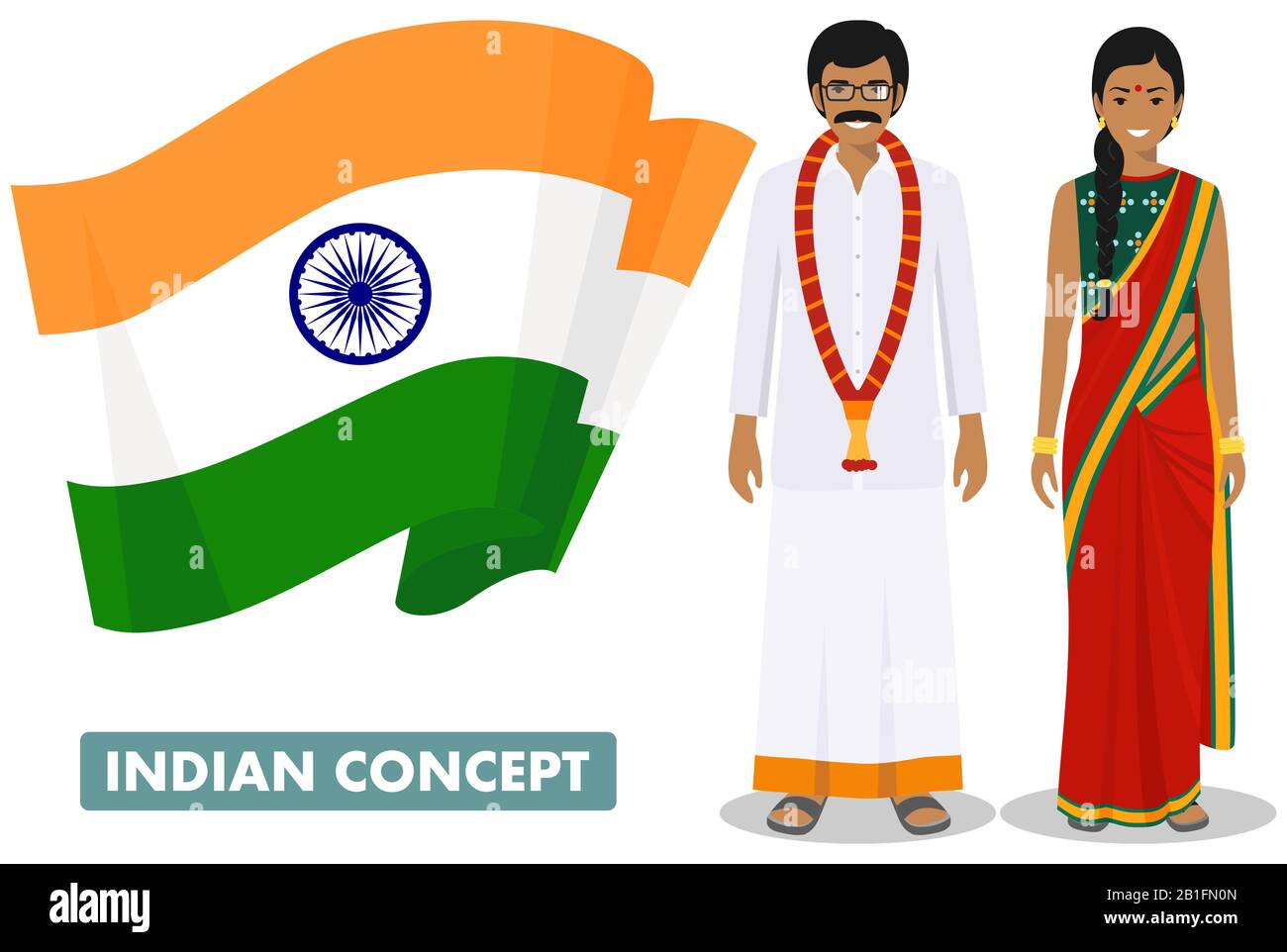 Familiäres und soziales Konzept. Paar, die in verschiedenen traditionellen Nationalkleidung mit Flagge Indiens zusammen stehen. Vektor Stock Vektor