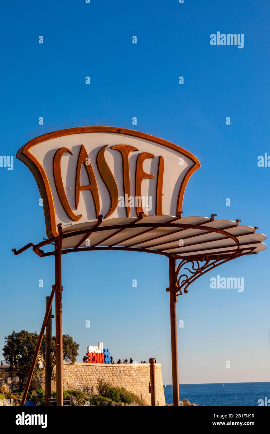 Castel Beach Signage, Nizza, Südfrankreich, Stockfoto
