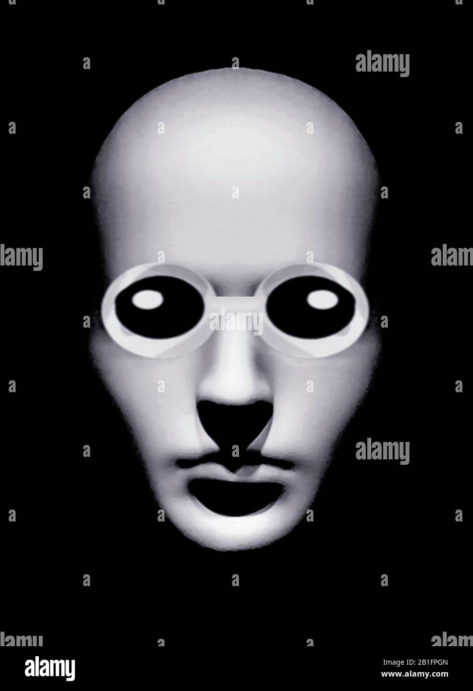 Minimaler schwarzer Stil mit hohem Kontrast beängstigende Kunst im Kopf des Mannes im Hochformat in Schwarz-Weiß-Farben Stockfoto