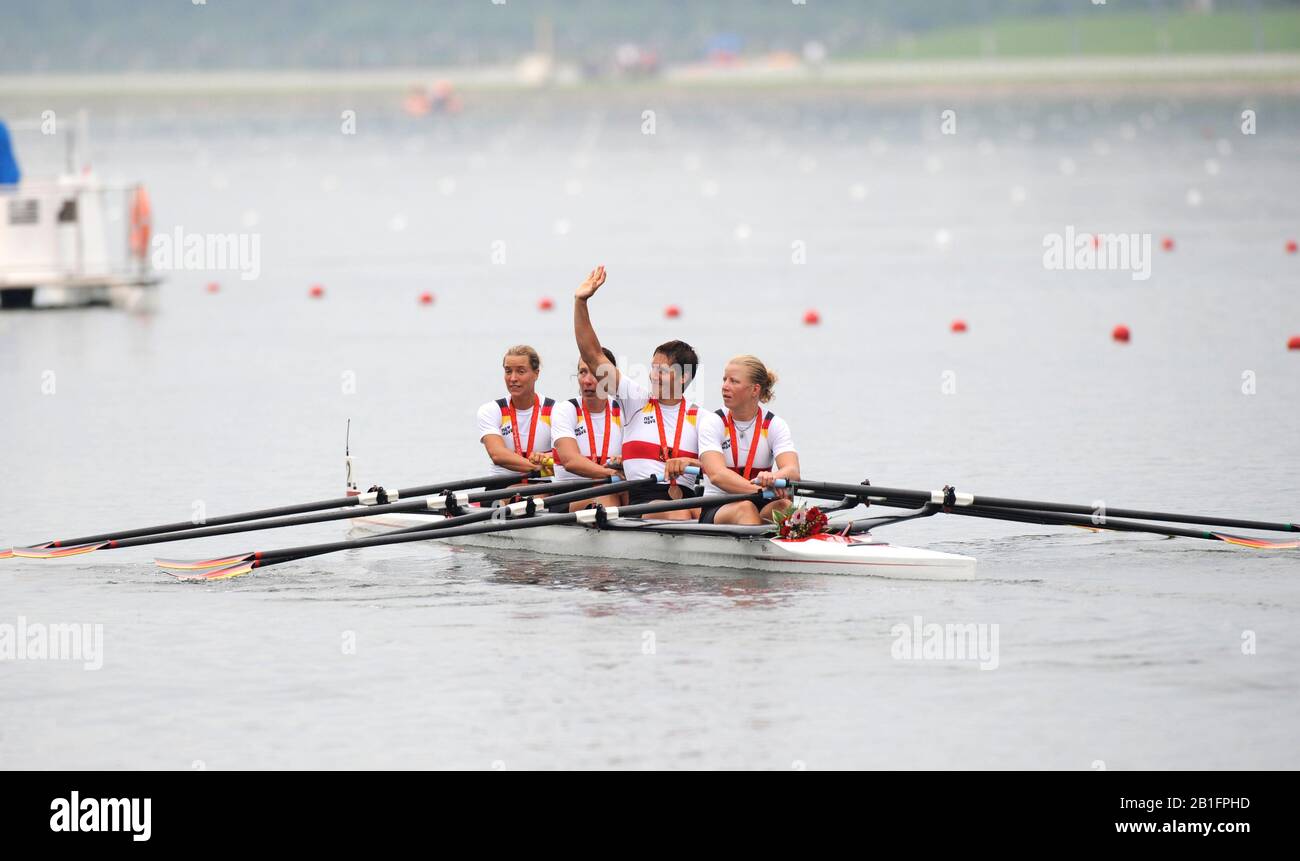 Shunyi, CHINA. Ger W4X, Bow, OPPELT Britta, LUTZE Manuela BORON Kathrin und SCHILLER-STEPHANIE, Frauenquader ziehen für ihre Repechage bei der olympischen Regatta 2008, Shunyi Rowing Course, unter die Brücke zum Start. 08.12.2008 [Pflichtgutschrift: Peter SPURRIER, Intersport Images] Stockfoto