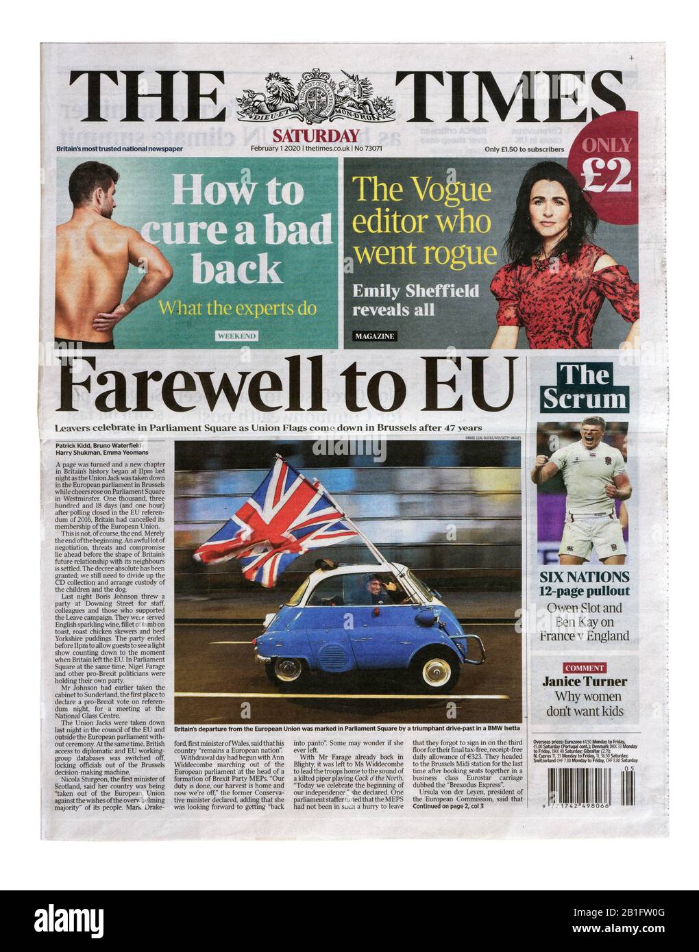 Die Zeiten vom 1. Februar 2020 mit der Brexit Headline "Abschied von der EU" Stockfoto