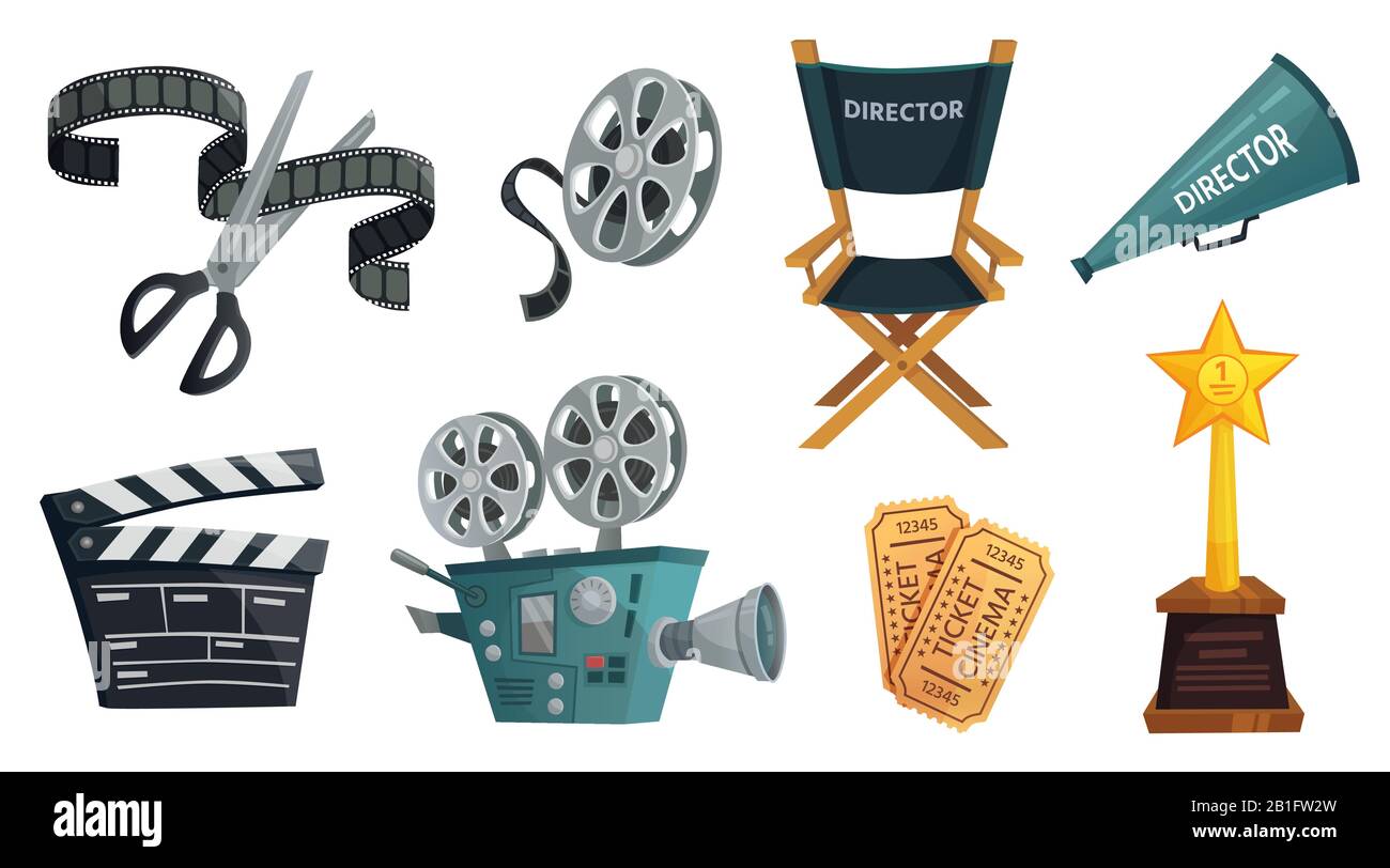 Cartoon-Filmstudio. Kino-Videokamera, Film-Clapperboard und Directors Megafon Vector Illustration Set Stock Vektor