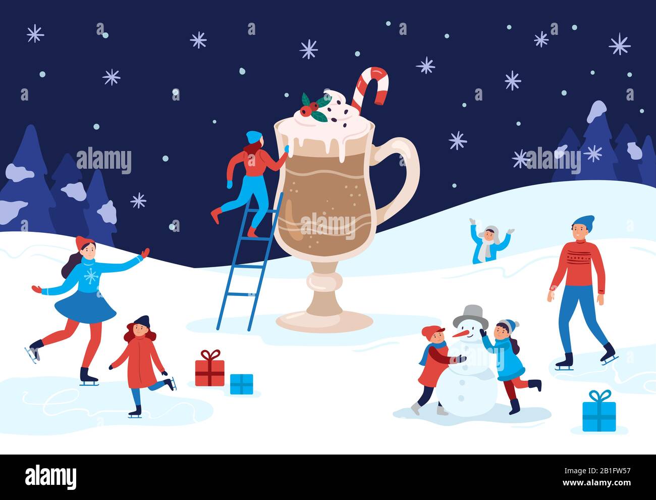 Winterwärmender Kakaobecher. Fröhliche Menschen Winteraktivitäten, Weihnachten feiern und trinken warme Getränke Vektorgrafiken Stock Vektor