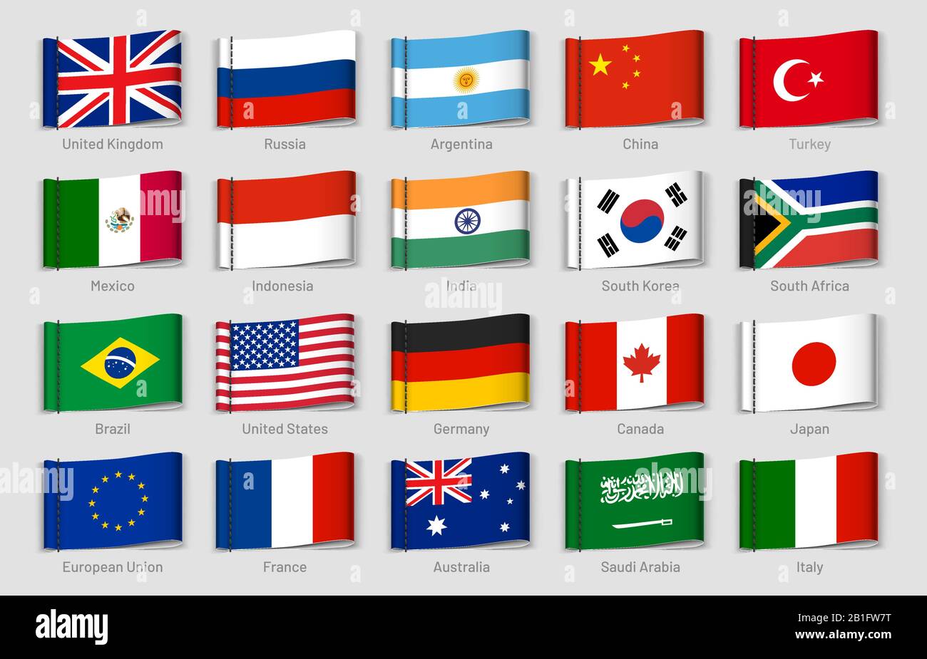 Nationalflaggen Fabric-Tags. G20-Länderkennzeichnungen, Vektor für offizielle Länderkennzeichnung festgelegt Stock Vektor