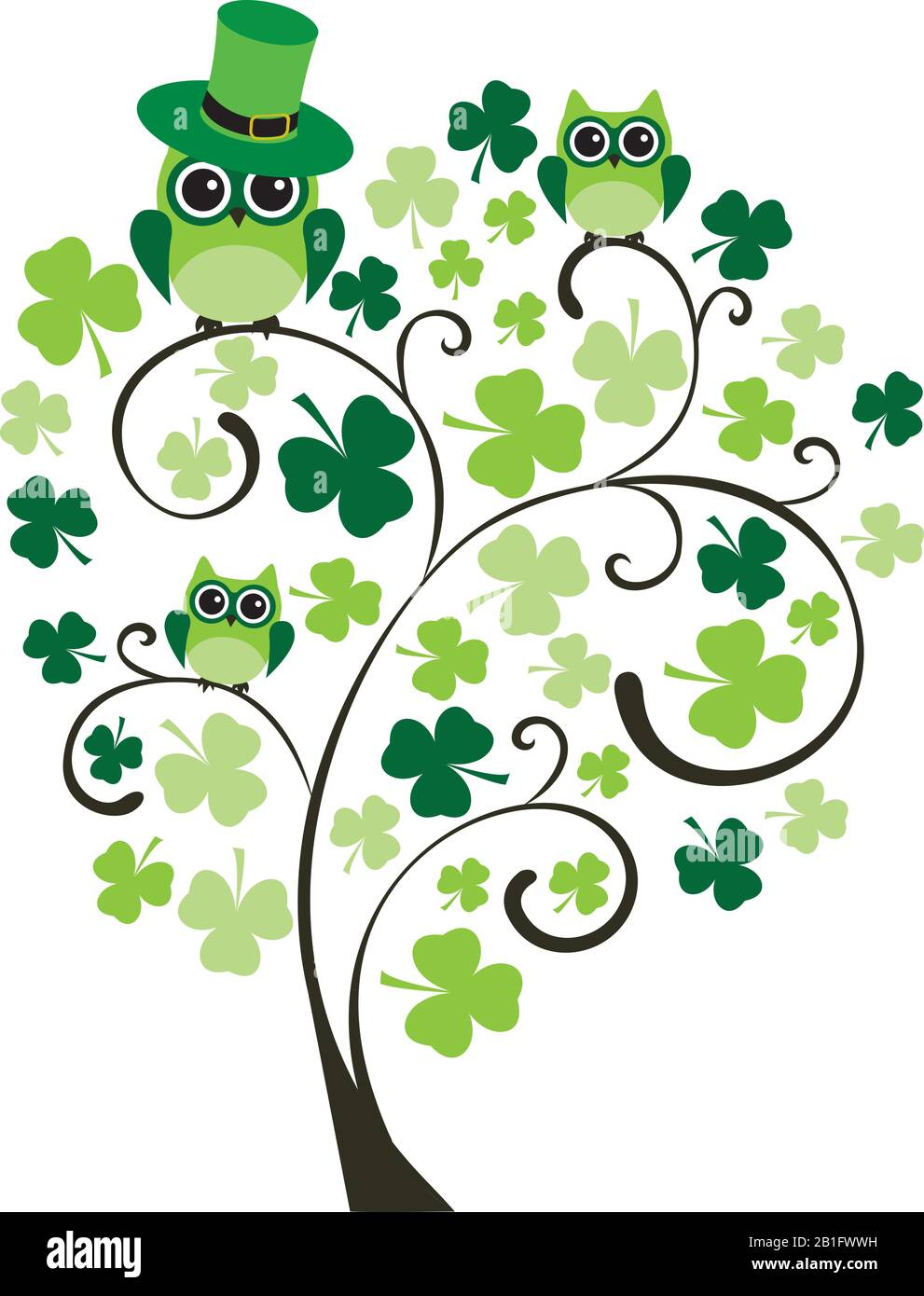 Vektordarstellung eines grünen Baumes mit Eulen, Shamrocks. St. Patrick's Day Celebration. Stock Vektor