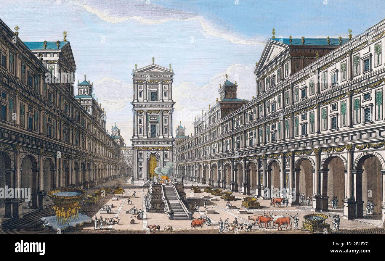 Ein Blick auf die Innenseite des Hofs der Priester im Tempel Salomos mit der Art und Weise der Vorbereitung und Opferung gemäß der Vision des Propheten Ezekiel. Nach einem anonymen Werk aus dem 18. Jahrhundert. Spätere Farbgebung. Stockfoto