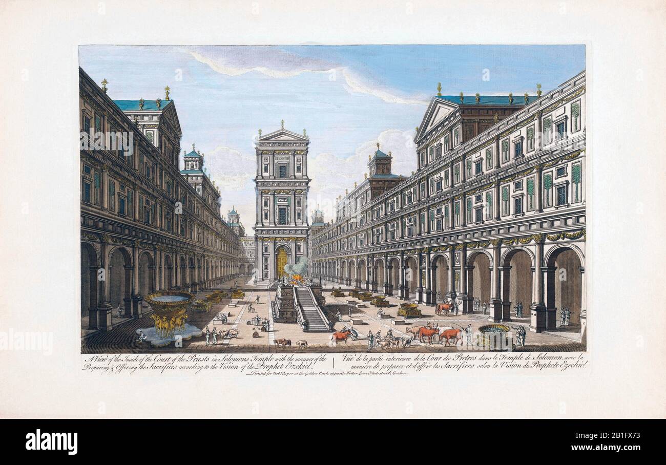 Ein Blick auf die Innenseite des Hofs der Priester im Tempel Salomos mit der Art und Weise der Vorbereitung und Opferung gemäß der Vision des Propheten Ezekiel. Nach einem anonymen Werk aus dem 18. Jahrhundert. Spätere Farbgebung. Stockfoto