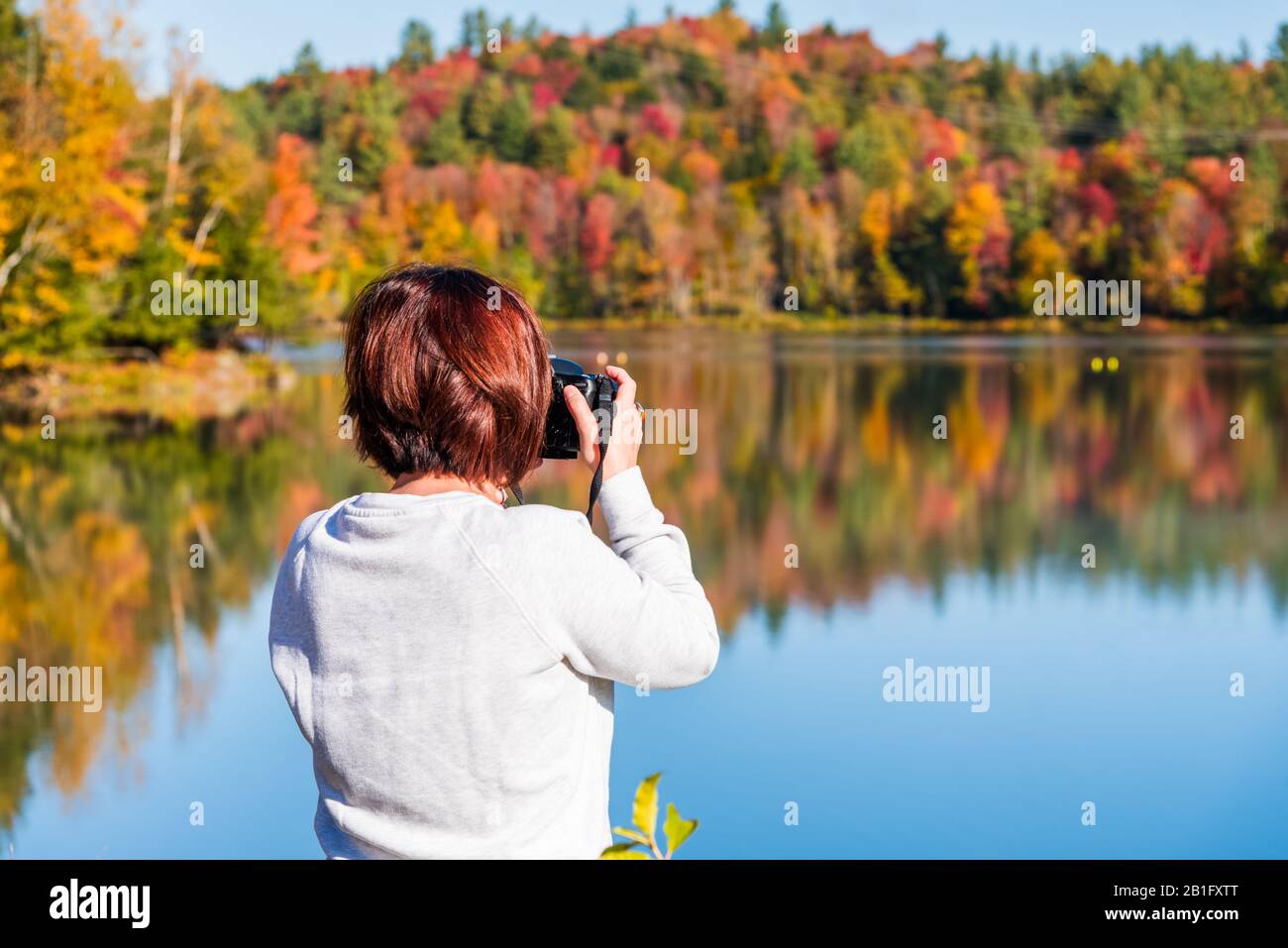 Frau Fotografin fotografiert einen von einem bunten Herbstwald umgebenen Bergsee an einem sonnigen Morgen Stockfoto