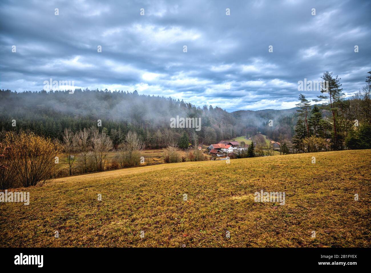 Ein kleiner bayerischer Bauernhof im Wald Stockfoto