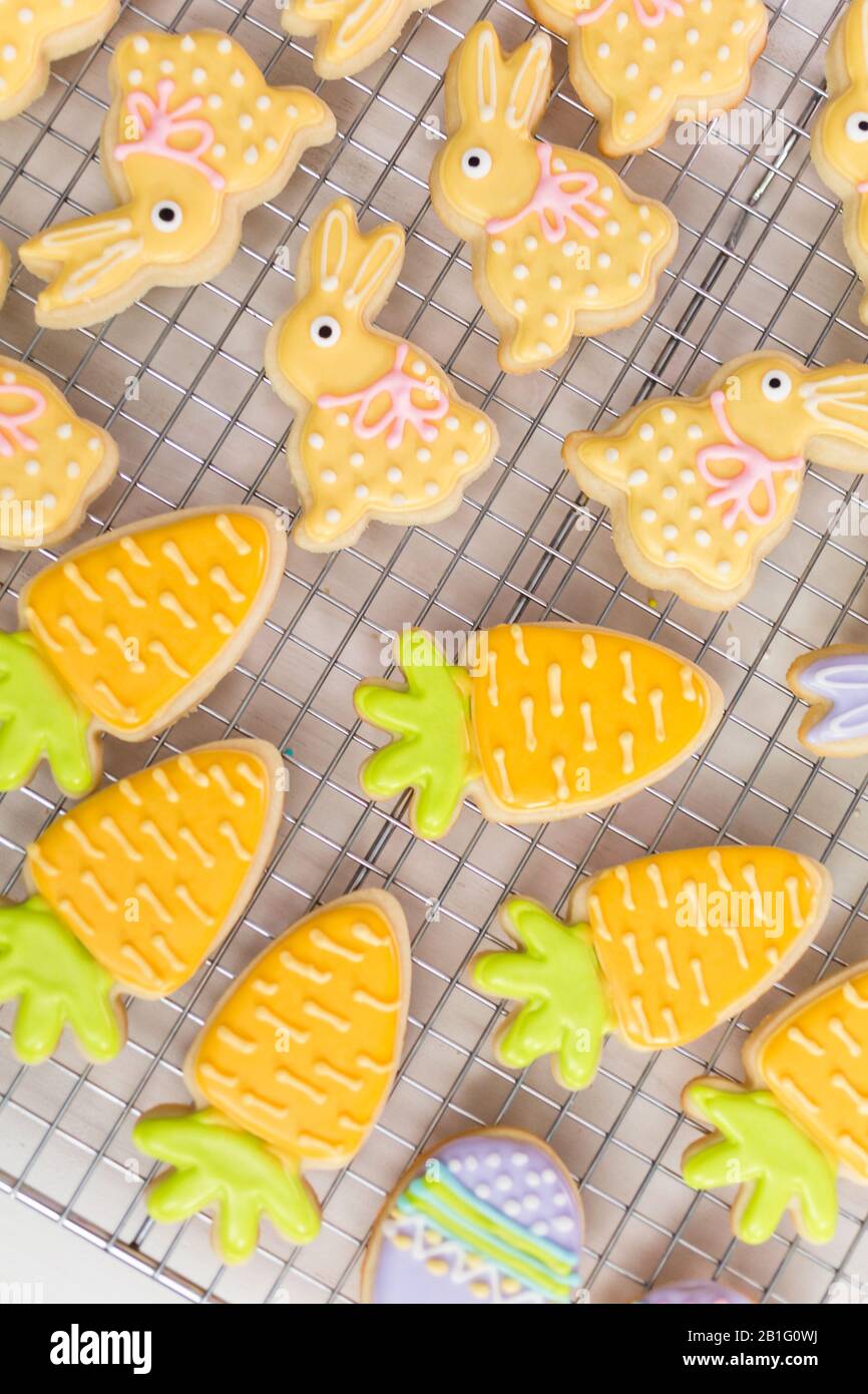 Ostern Sugar Cookies mit Royal Vereisung von verschiedenen Farben dekoriert. Stockfoto