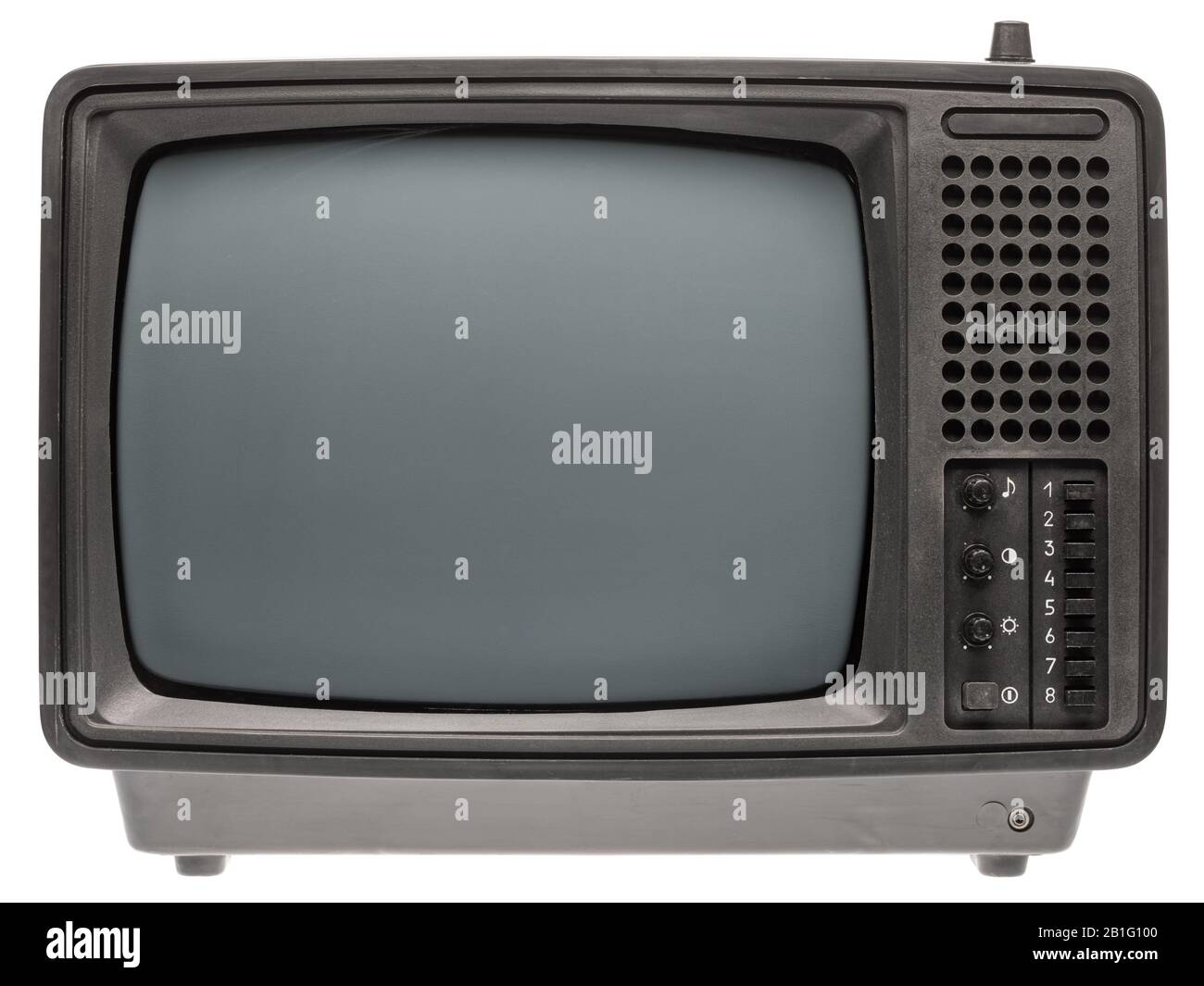 Tragbarer, schwarzer und weißer CRT-TV-Receiver im Vintage-Design, isoliert auf weißem Hintergrund. Retro-Technologie-Konzept Stockfoto