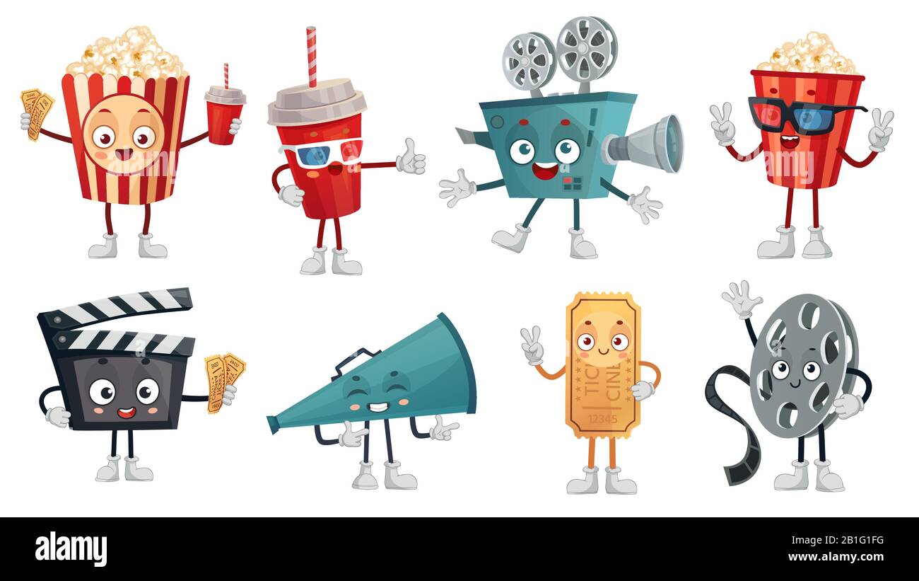 Maskottchen des Zeichentrickkinos. Popcorn in 3D-Brille, lustige Filmkamera und Kinos Tickets Figuren Vektorgrafik-Set Stock Vektor