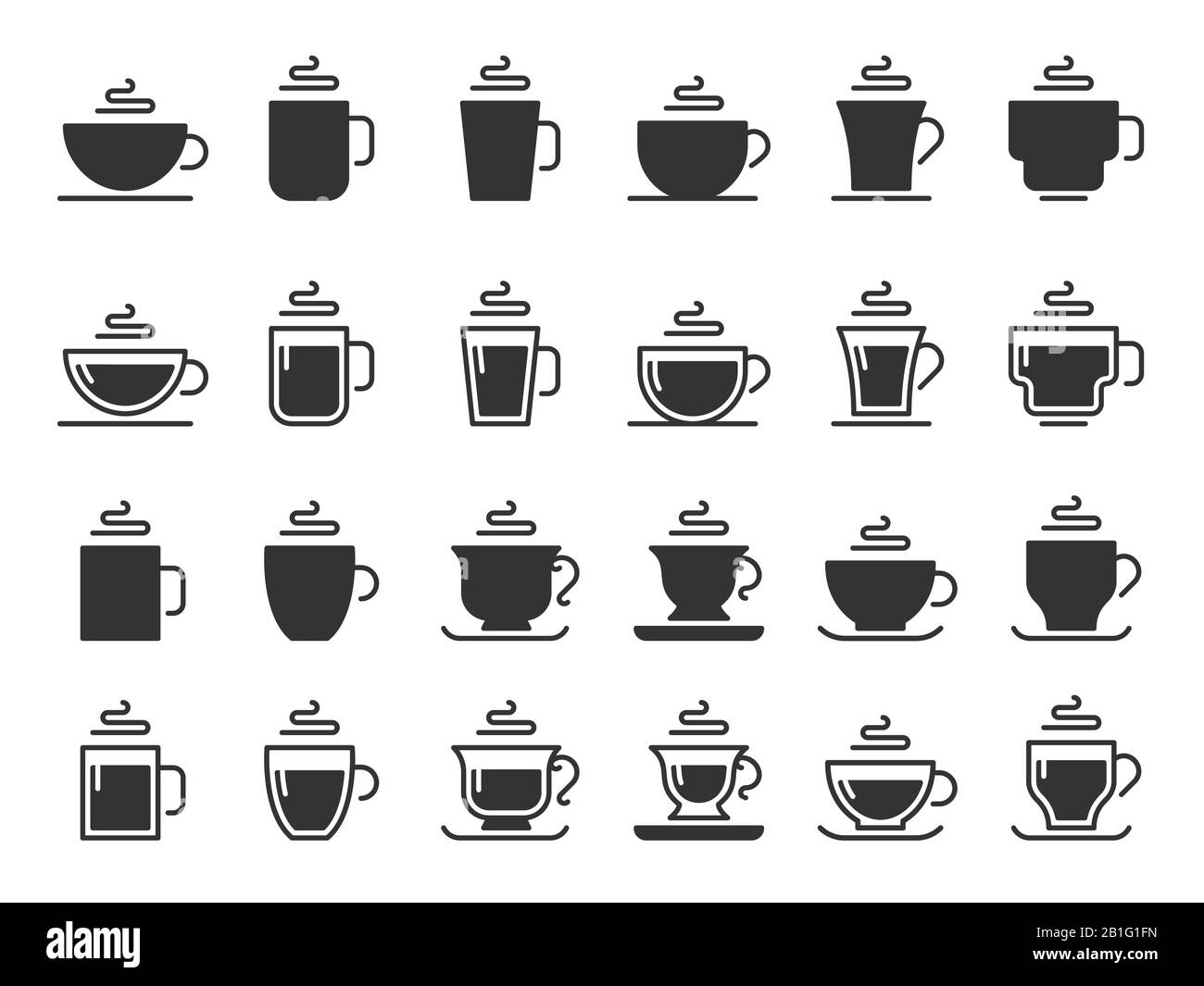 Silhouettensymbole für Kaffeetasse. Heißgetränke Becher, Becher mit schwarzem Schablonensymbol, Vektorsatz Stock Vektor