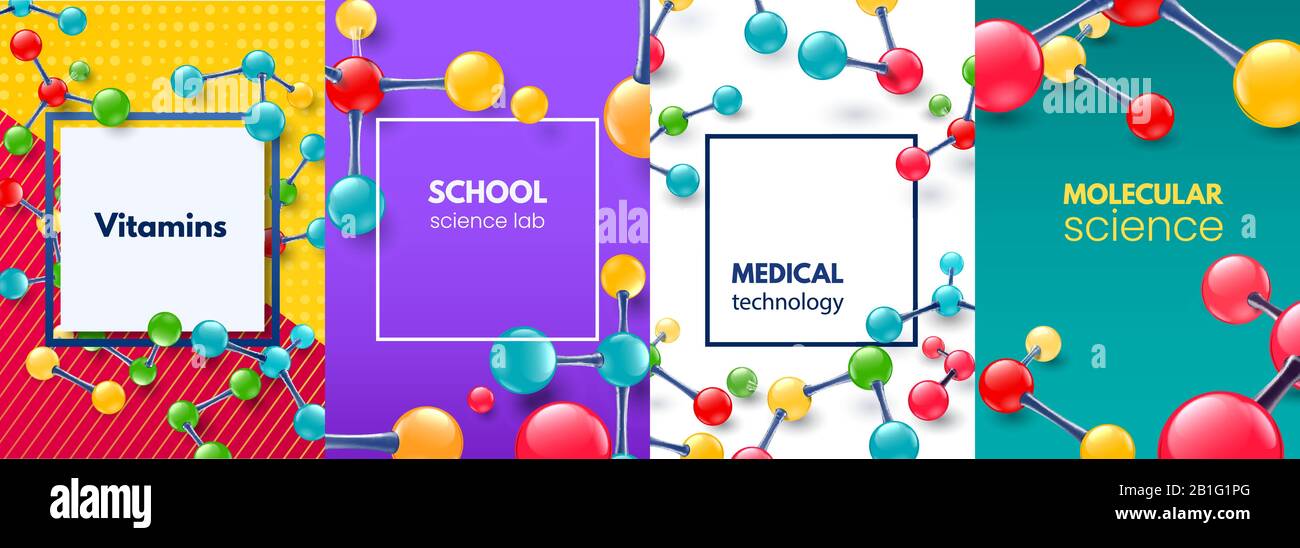 Molekularwissenschaftlicher Banner. Vitamine Molekül, moderner medizinischer wissenschaftlicher Rahmen und schulwissenschaftlicher Laborbanner Vektor-Hintergrund-Set Stock Vektor