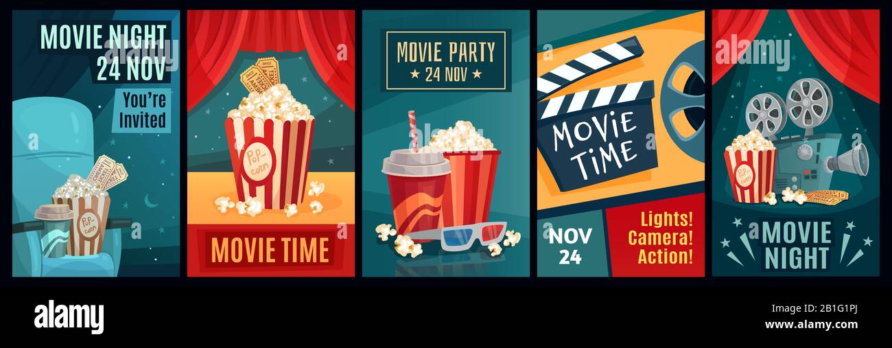 Kinoplakat. Nachtfilmfilme, Popcorn- und Retro-Filmplakate Vorlage Vektor-Illustration Set Stock Vektor