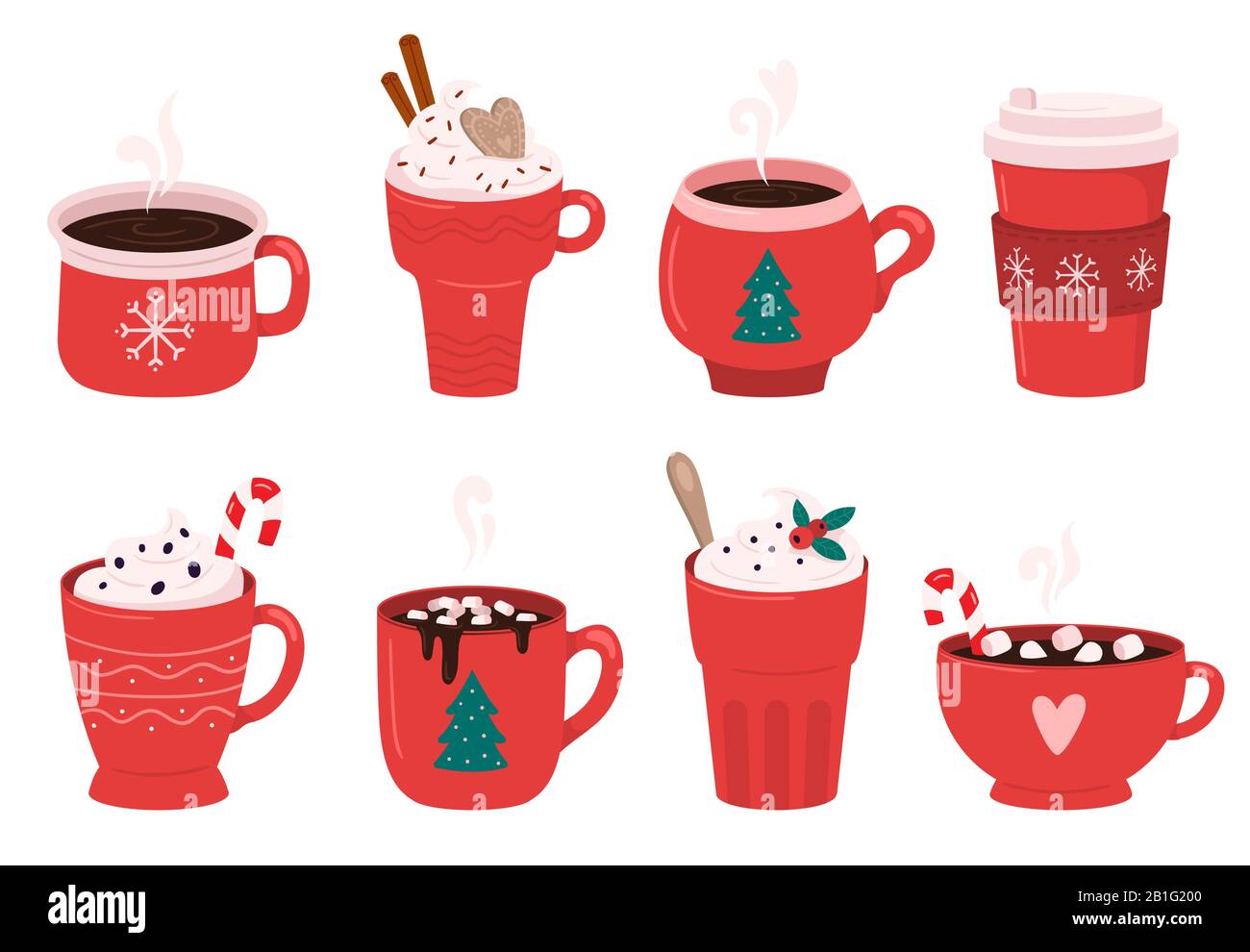 Weihnachtsfeiertag Kaffeebecher. Kakao mit Marshmallows, winterwärmende Getränke und Vektorgrafikset für heiße Espresso-Tasse Stock Vektor