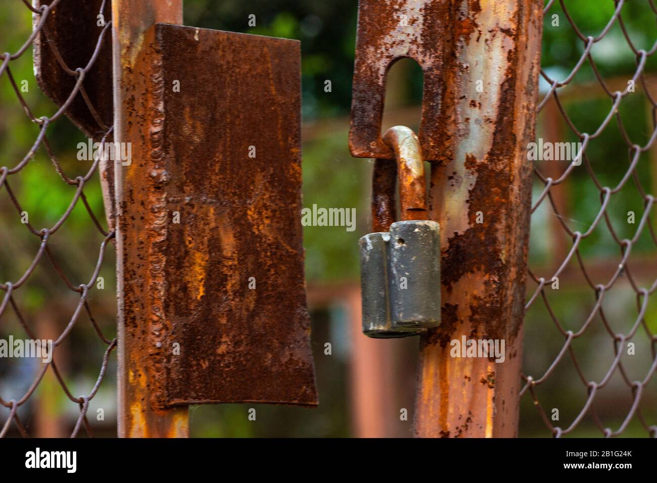 Verrosttes altes Schloss. Verriegeltes Vorhängeschloss auf Metallgitter. Konzept - gestohlene Sachen oder unsicheres Datensystem Stockfoto