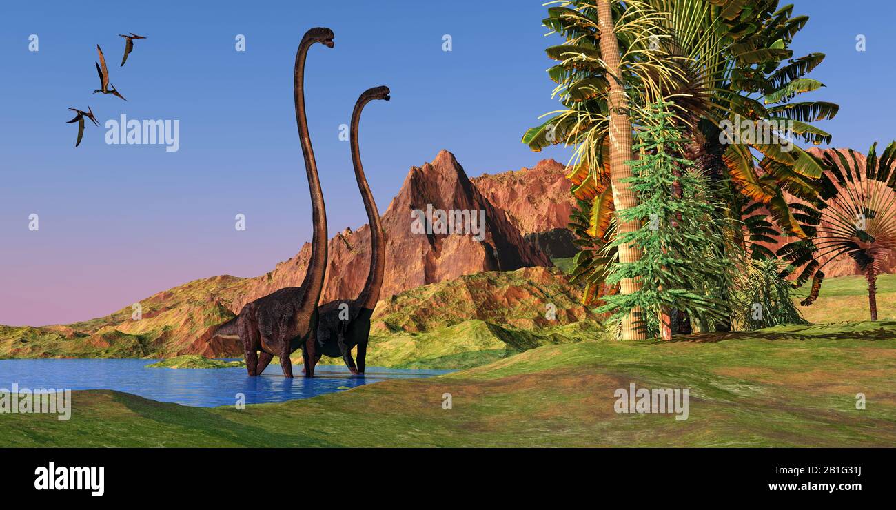 Zwei Omeisaurus Dinosaurier waten durch flaches Wasser, um nach Banana und karboniferen Pine Trees zu gelangen, während drei Pteranodons über dem Kopf fliegen. Stockfoto