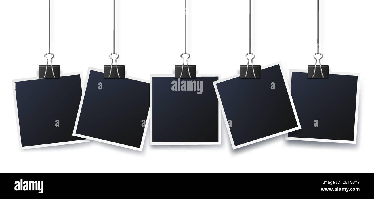 Fotos hängen an Clips. Vintage-Bilderrahmen auf Clip, Fotorahmen und Filmbildern verspottet Vorlage isolierte Vektorgrafiken Stock Vektor