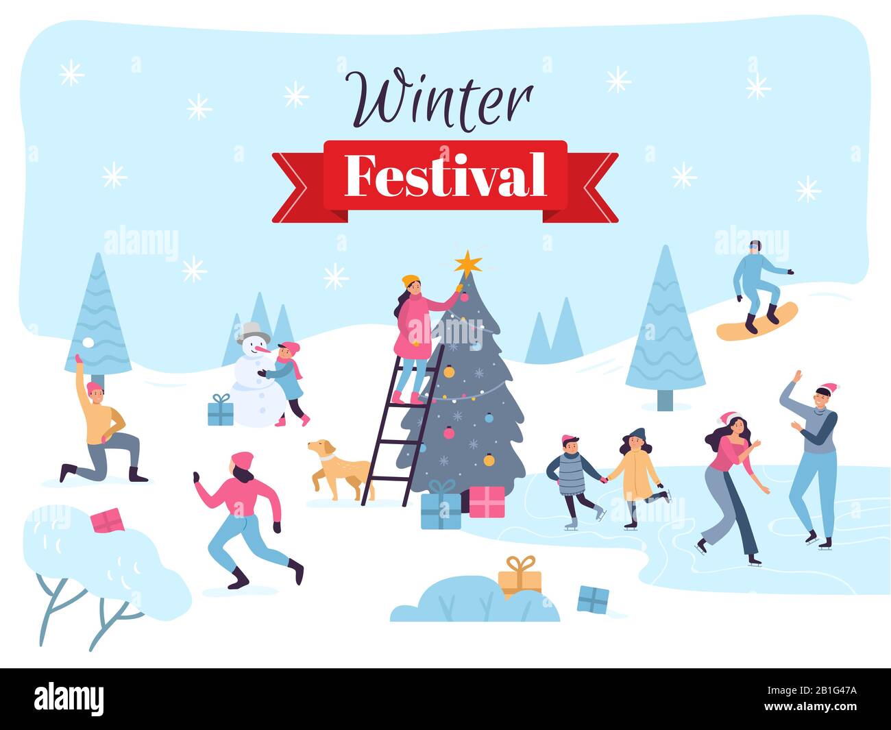 Winterfest. Feiertage im Dezember, festliche Weihnachtsdekorationen und Familien machen Spaß an der Vektordarstellung Stock Vektor