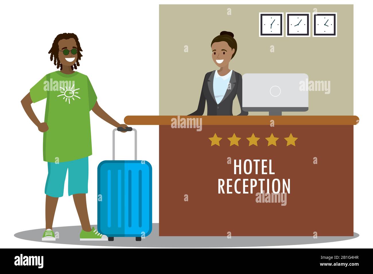 Die junge afroamerikanische Rezeptionistin und die afrikanische Touristin stehen an der Rezeption. Reisen, Gastgewerbe, Hotelbuchungskonzept.Cartoon Flat Vector Stock Vektor