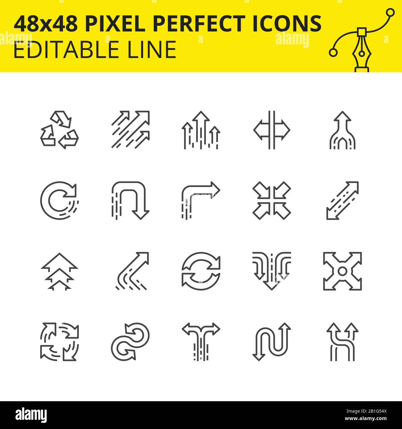Bearbeitbare Symbole - Pfeile für Infografiken, Websites und mobile Anwendungen. Umfasst Wiederverwendung, Aktualisierung, Abbiegung, Kreuzung usw. Pixel Perfect 48x48, Skalierung Stock Vektor