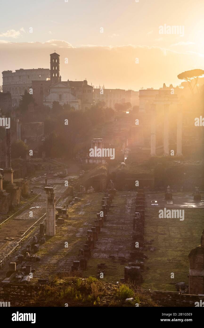 Blick auf die Ruinen von Fori Imperiali vom Campidoglio im Morgengrauen. ROM, Rom, Latium, Europa, Italien. Stockfoto