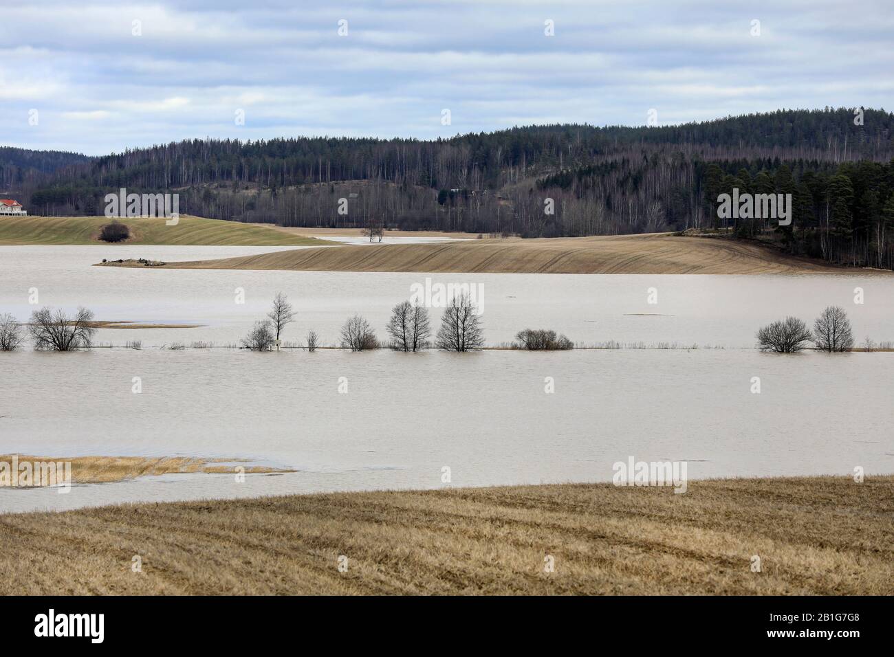 Überflutete Felder von Nummenjoki-Flussüberschwemmungen in Saukkola, Lohja, Finnland nach Stürmen und starken Regenfällen im Winter 2020. Februar 2020. Stockfoto