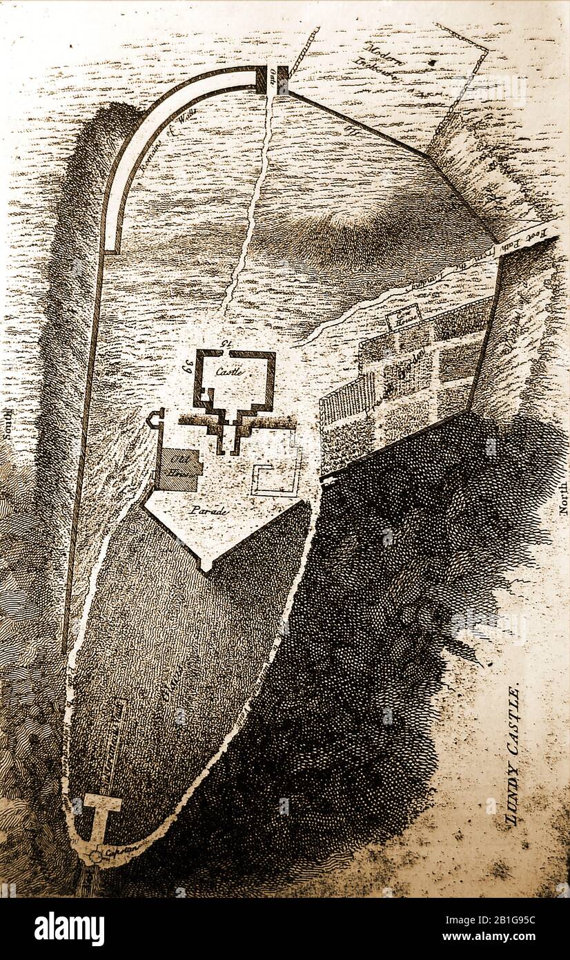 Ein Plan von Lundy Castle aus dem Jahr 880 auf der britischen Insel Lundy im Bristol Channel. Er bildet einen Teil der Grafschaft Devon und des Distrikts Torridge. Es ist etwa 5 Meilen lang und etwas mehr als eine halbe Meile breit. König Heinrich III. Baute die Burg, die oft als Schloss Marisco bezeichnet wird. Die Insel war Heimat von Piraten und Mönchen und soll einst den Tempelrittern geschenkt worden sein, obwohl Zweifel bestehen, ob sie jemals Fuß auf die Insel legen. Im englischen Bürgerkrieg nahm Thomas Bushell Lundy für König Karl I. Ein. Die Insel hatte eine Reihe von Besitzern, darunter "King" Martin Coles Harman. Stockfoto
