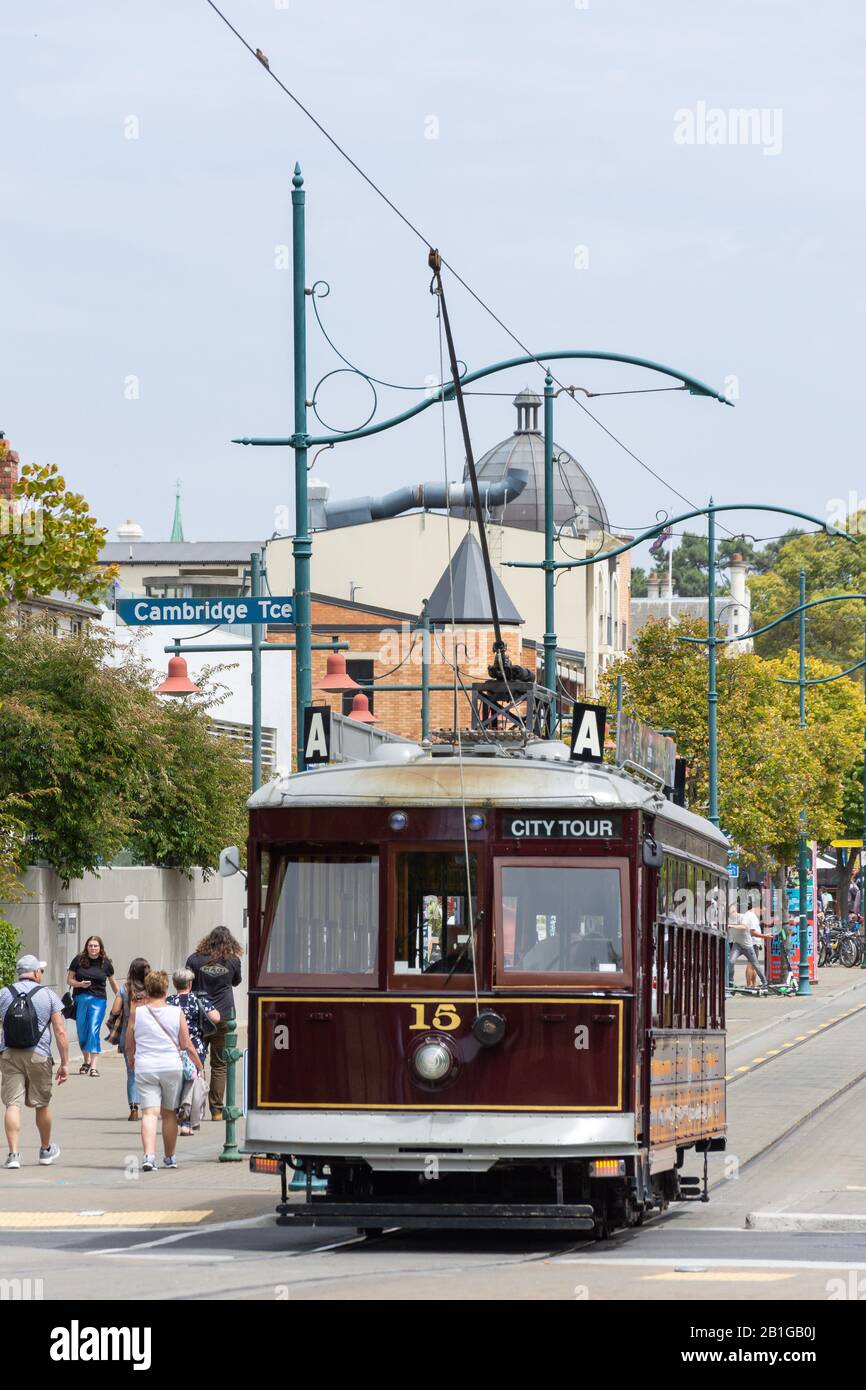 Die Straßenbahn Christchurch City Tour Tram, Worcester Street, Christchurch Central, Christchurch, Canterbury Region, Neuseeland Stockfoto