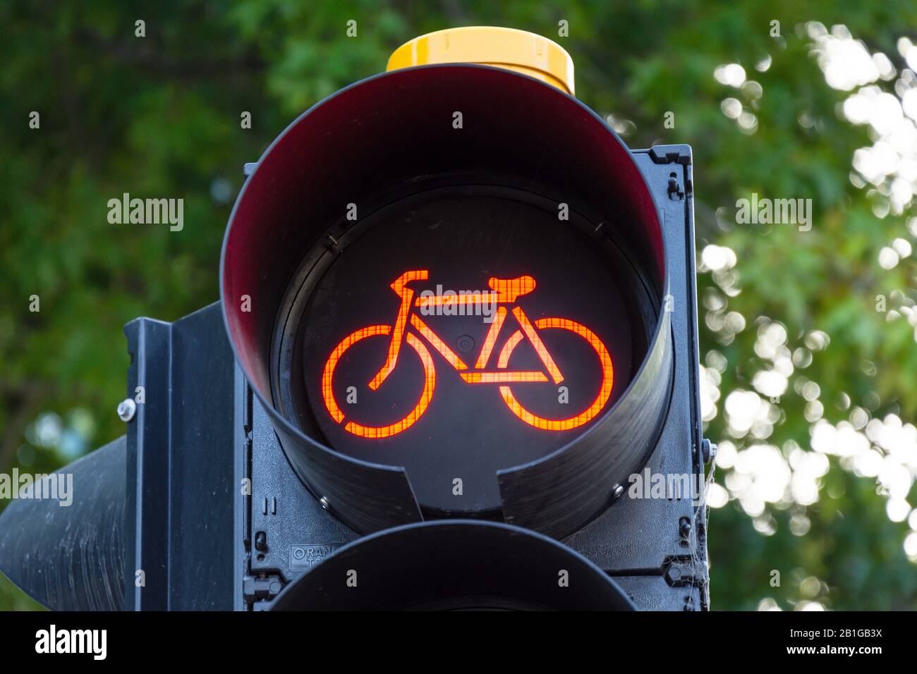 Ampel mit rotem Fahrradstoppschild, Durham Street, Christchurch Central City, Christchurch, Canterbury Region, Neuseeland Stockfoto