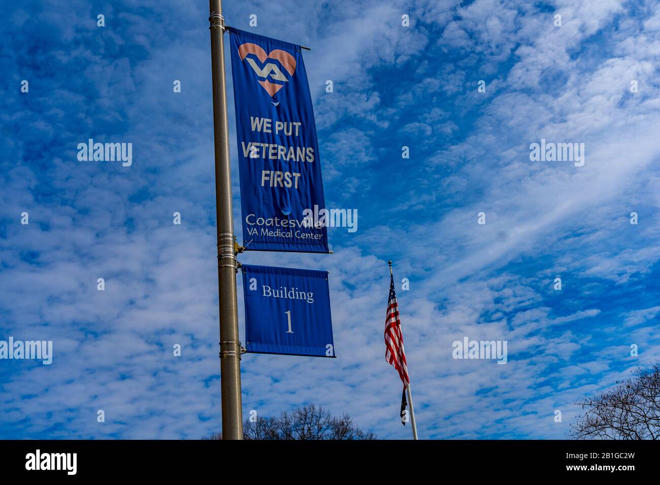 Coatesville, PA/USA - 24. Februar 2020: Gebäude 1 im US Department of Veterans Affairs Medical Center in Coatesville PA. Stockfoto