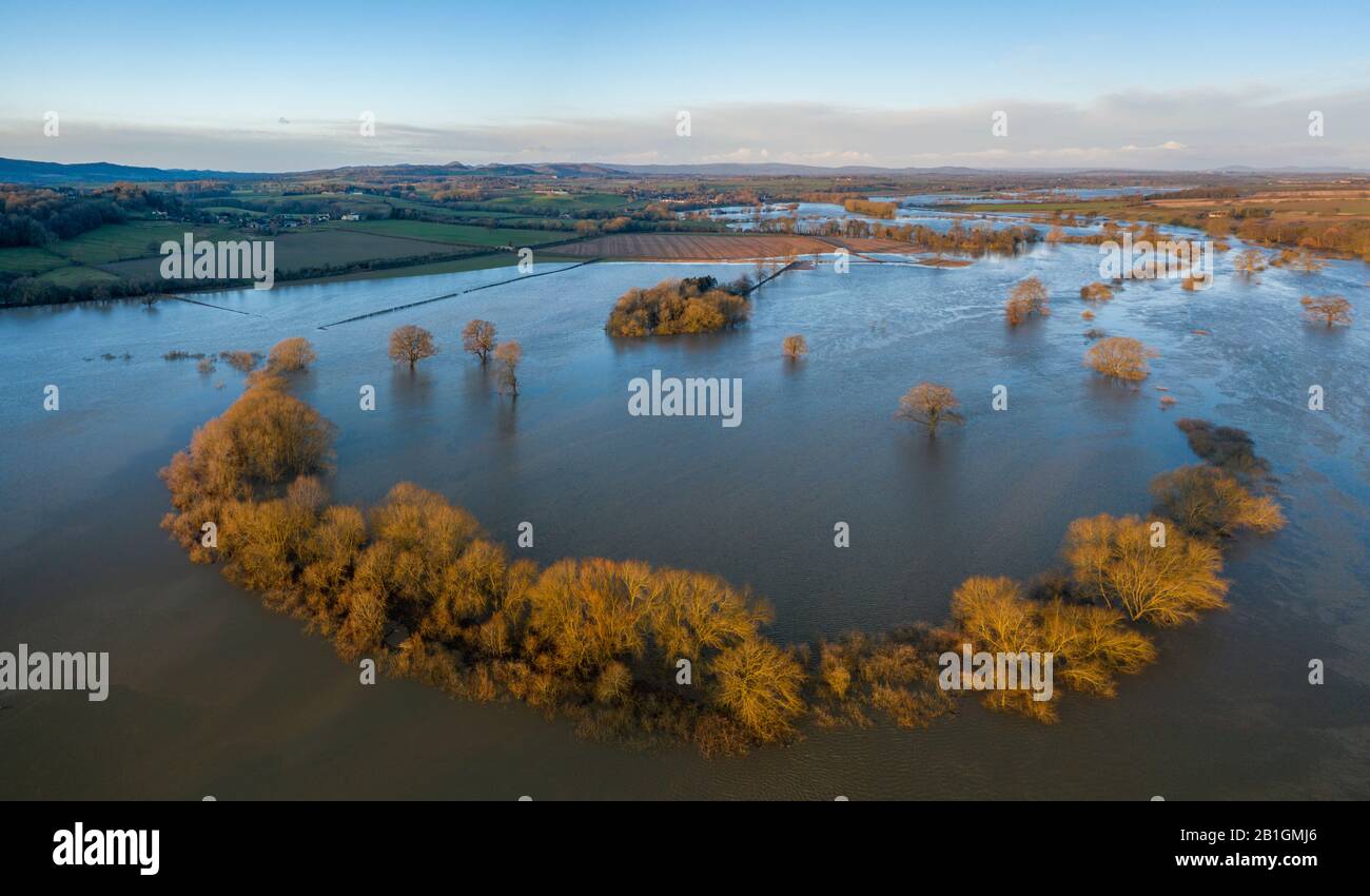 Luftpanorama von überschwemmtem Ackerland bei Sonnenaufgang - Fluss Severn schlängelt sich in Shropshire Stockfoto