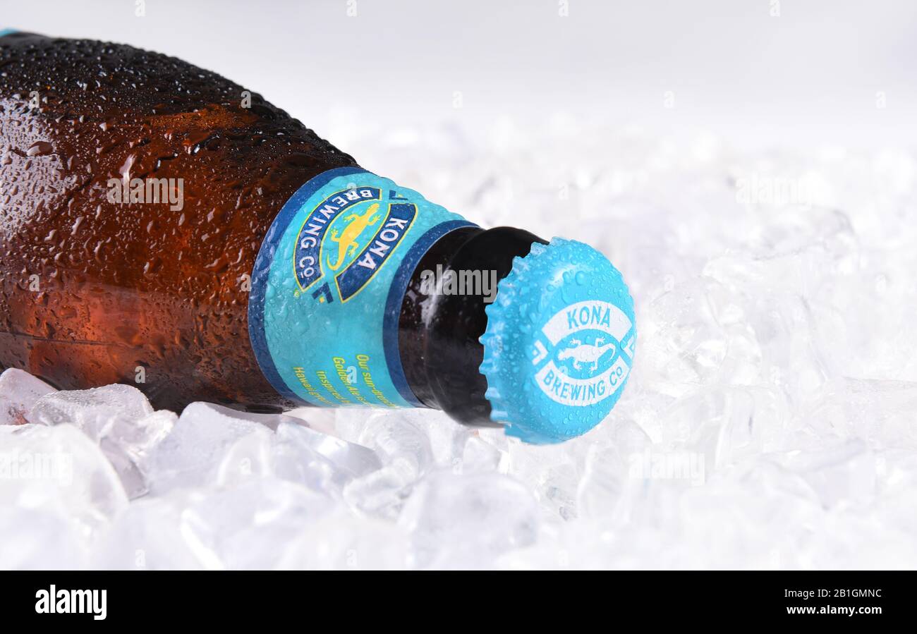 Irvine, KALIFORNIEN - 16. MÄRZ 2017: Kona Brewing Company Big Wave Golden Ale. Die Brauerei befindet sich in Kailua-Kona auf der großen Insel Hawaii. Stockfoto