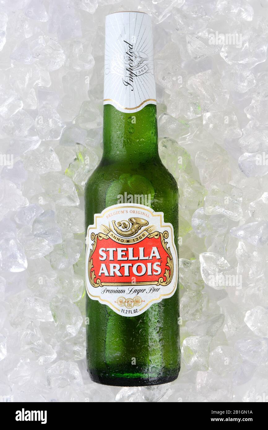 Irvine, CA - 11. JANUAR 2015: Eine Flasche Stella Artois Bier auf einem Eisbett. Stella wird seit 1926 in Leuven, Belgien gebraut und als eingeführt Stockfoto