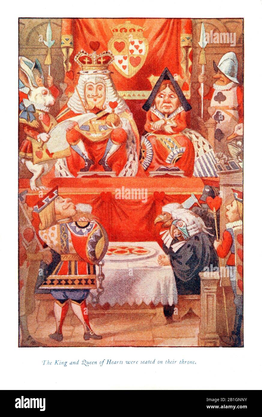 Der König und die Königin Der Herzen saßen auf ihrem Thron von Alice im Wunderland von John Tenniel Stockfoto